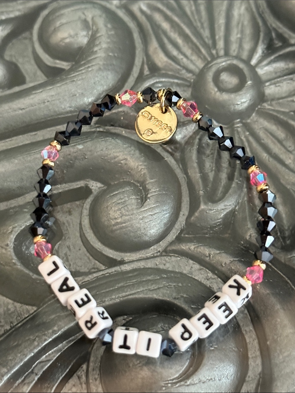 Little Words Project Keep It Real Beaded Stretch Bracelet Pink & Black Crystals - Picture 5 of 8